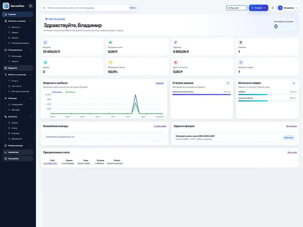 ServiceFlow CRM для выездных услуг и мастеров